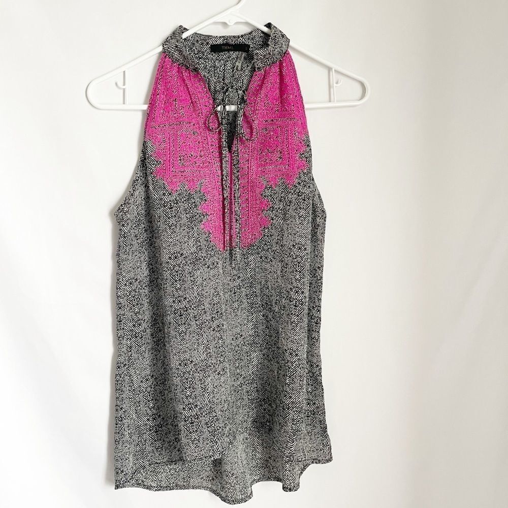 🟢THML Sleeveless Tie Neck Top Embroidered Size S